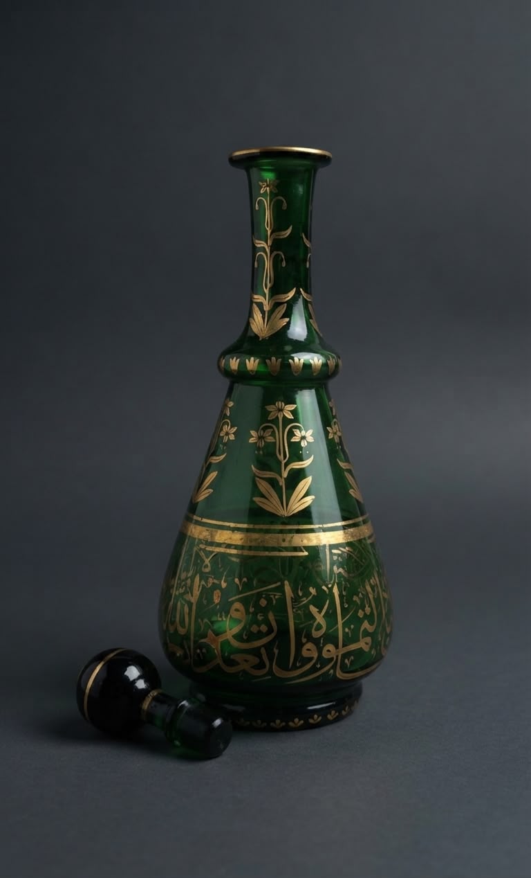 Islamic green glass decanter inscribed quran verses.